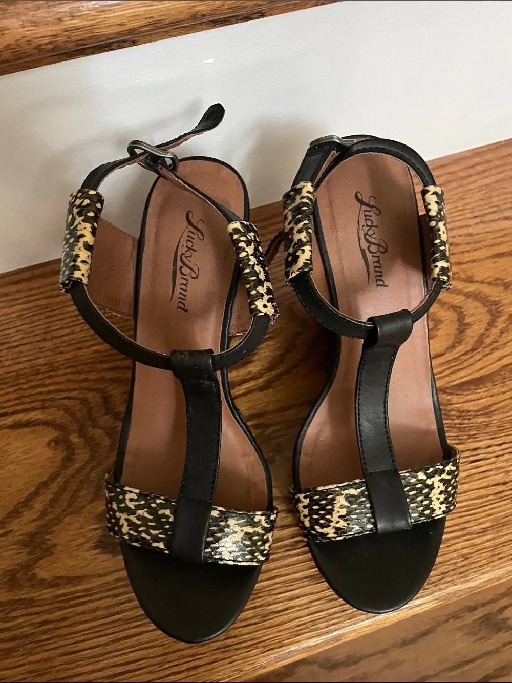 Lucky Brand Black Wedge Sandals with Tan Animal-Print Straps